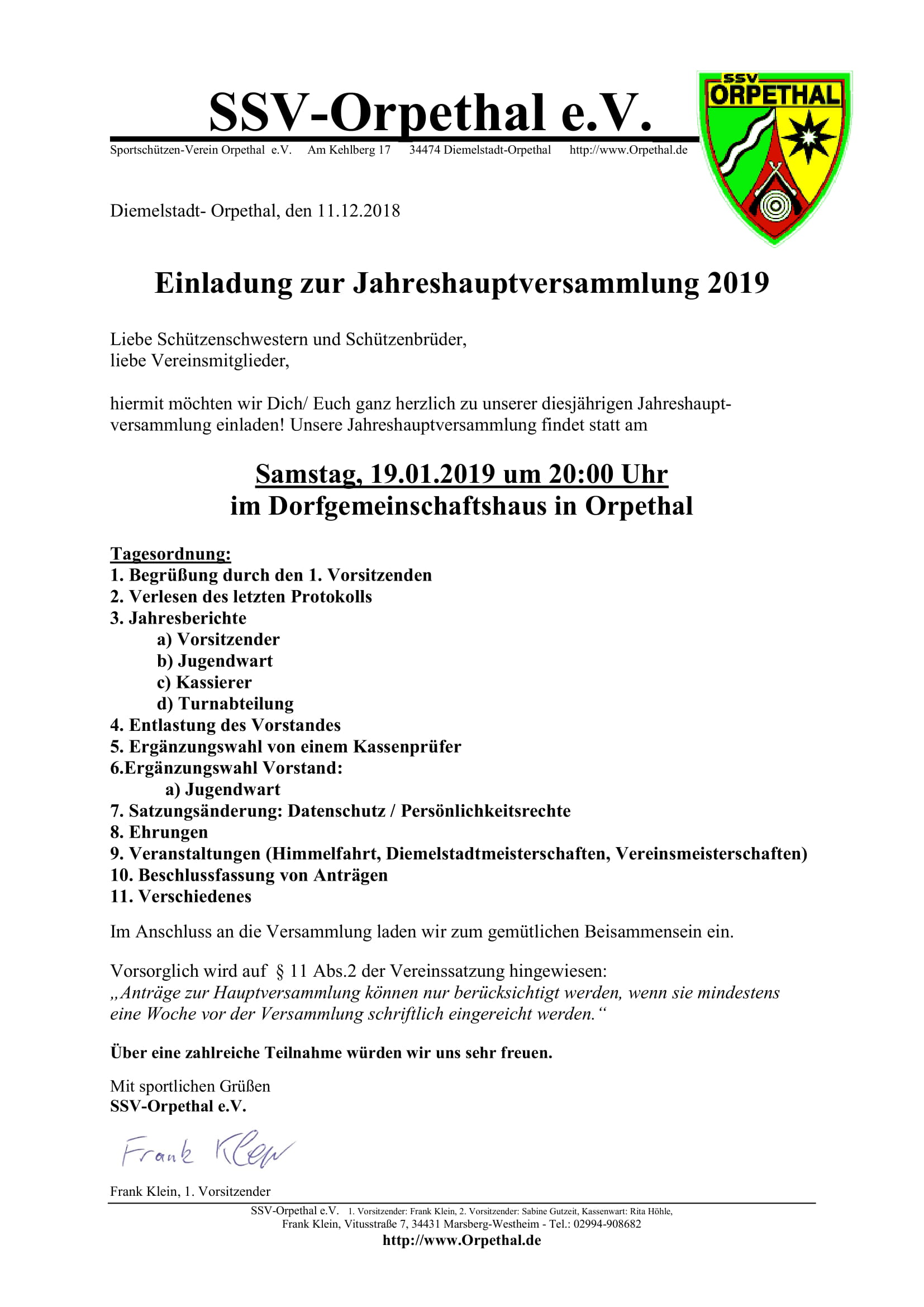 Einladung JHV 2019