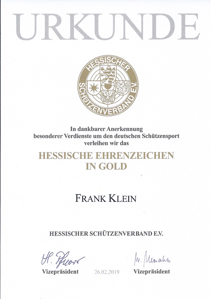Urkunde Hessisches Ehrenzeichen in Gold Frank Klein 2019
