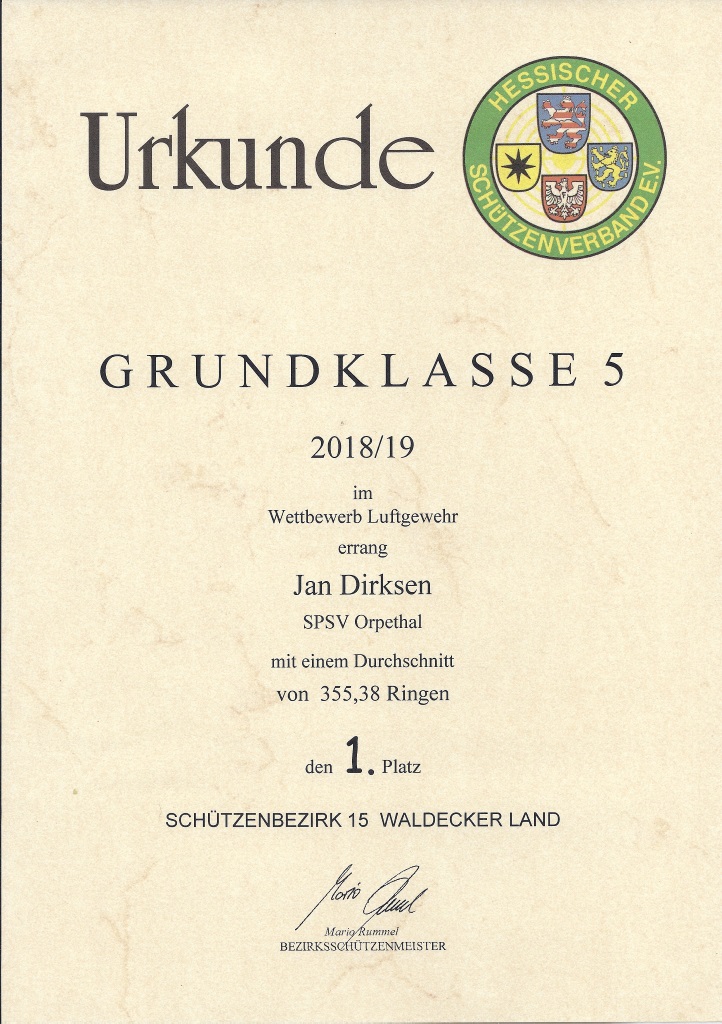Urkunde Jan Dirksen 1. Platz Einzelwertung Grundklasse 5 2018 2019